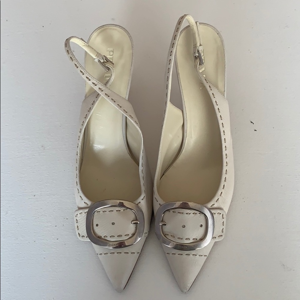 Cream Prada slingbacks